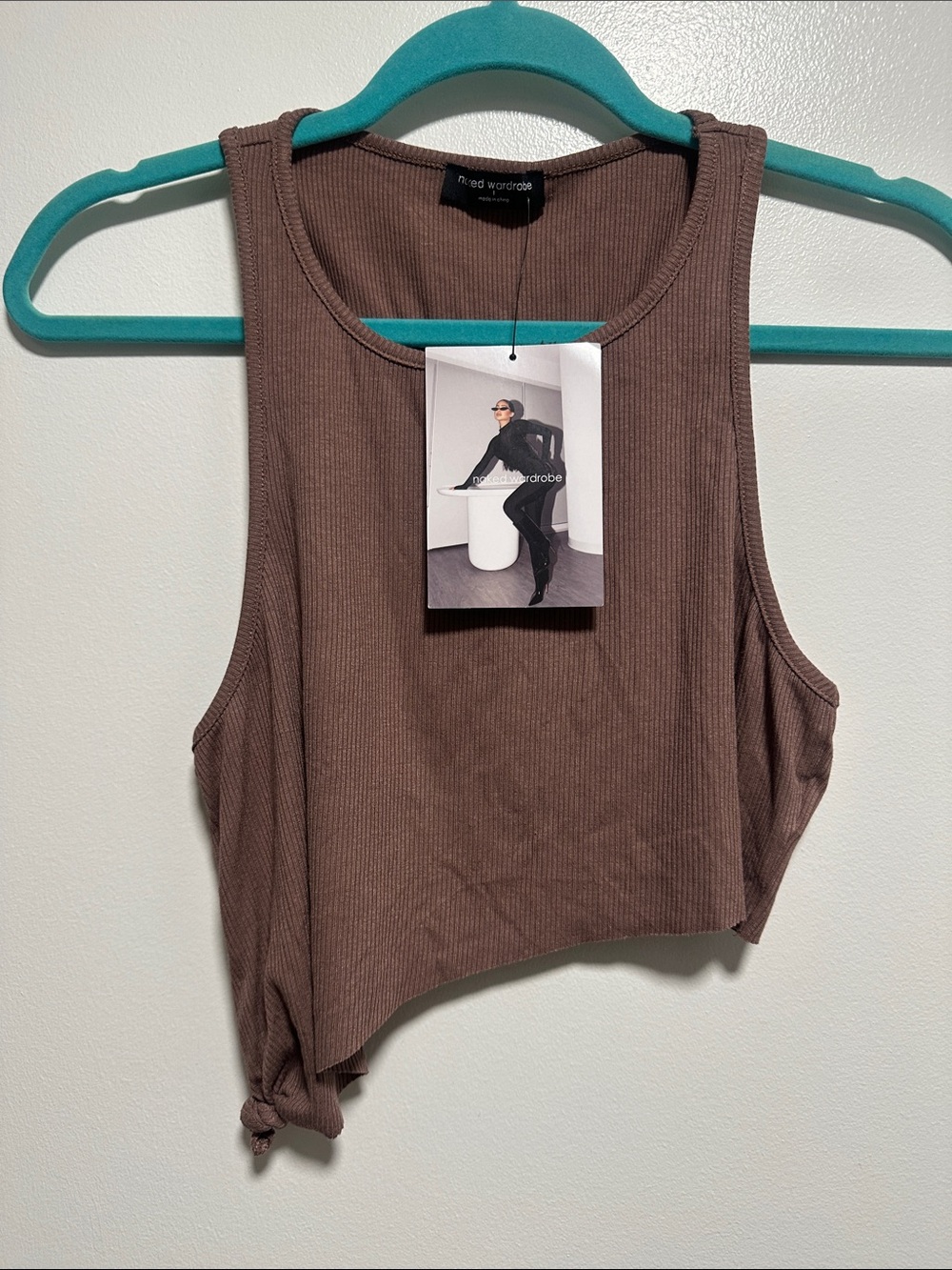 Naked wardrobe Brown Ribbed Asymmetrical Tank with Side Knot